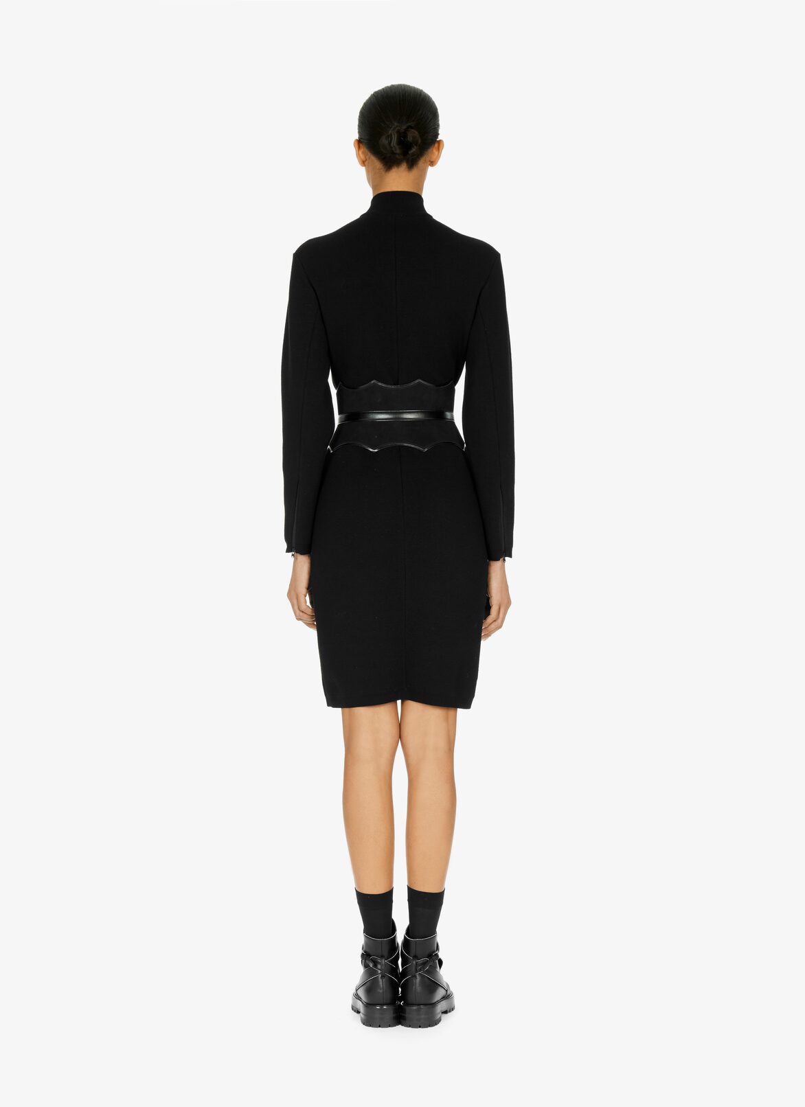 Straight-cut wool jersey and stretch viscose dress ALAÏA BLACK STRAIGHT-CUT WOOL JERSEY AND STRETCH VISCOSE DRESS
